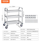 VEVOR Stainless Steel Cart, 3 Layers Lab Utility Cart 181.4kg Weight Capacity, Medical Cart with Lockable Universal Wheels, for Lab, Clinic, Kitchen, Salon