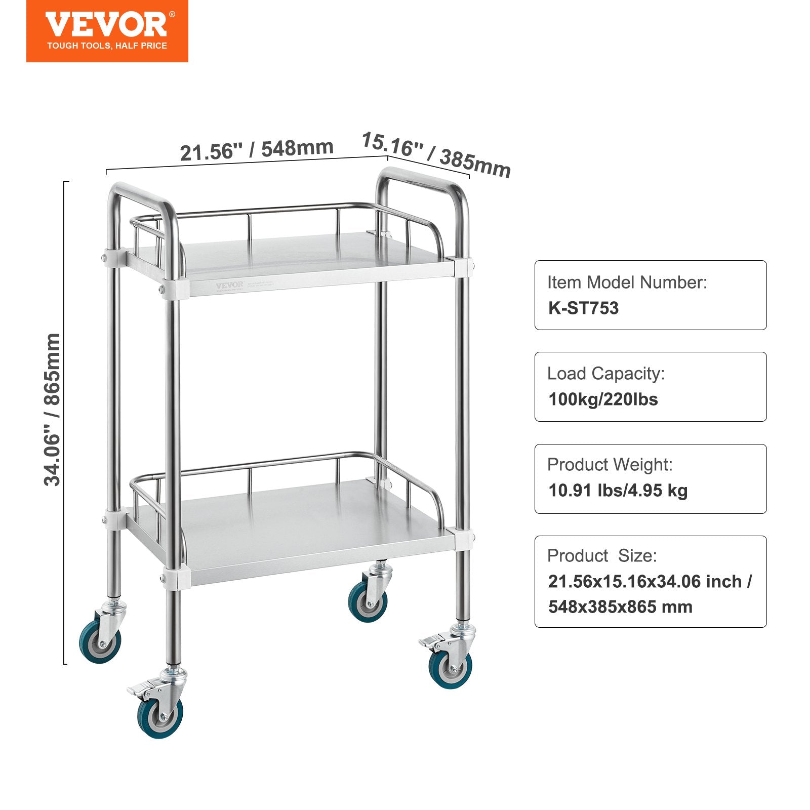 VEVOR Lab Rolling Cart, 2-Shelf Stainless Steel Rolling Cart, Lab Serving Cart with Swivel Casters, Dental Utility Cart for Clinic, Lab, Hospital, Salon, 385 x 548 x 865 mm