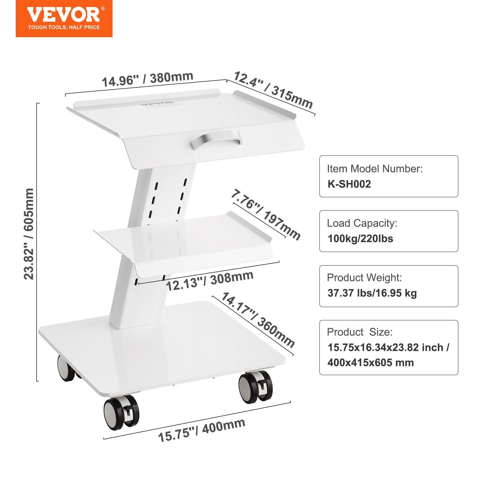 VEVOR Lab Trolley, 3-Layer Rolling Lab Cart, Metal Mobile Trolley with Swivel Wheels, Tray Rolling Clinic Cart 100 kg Weight Capacity, for Lab, Clinic, Beauty and Salon