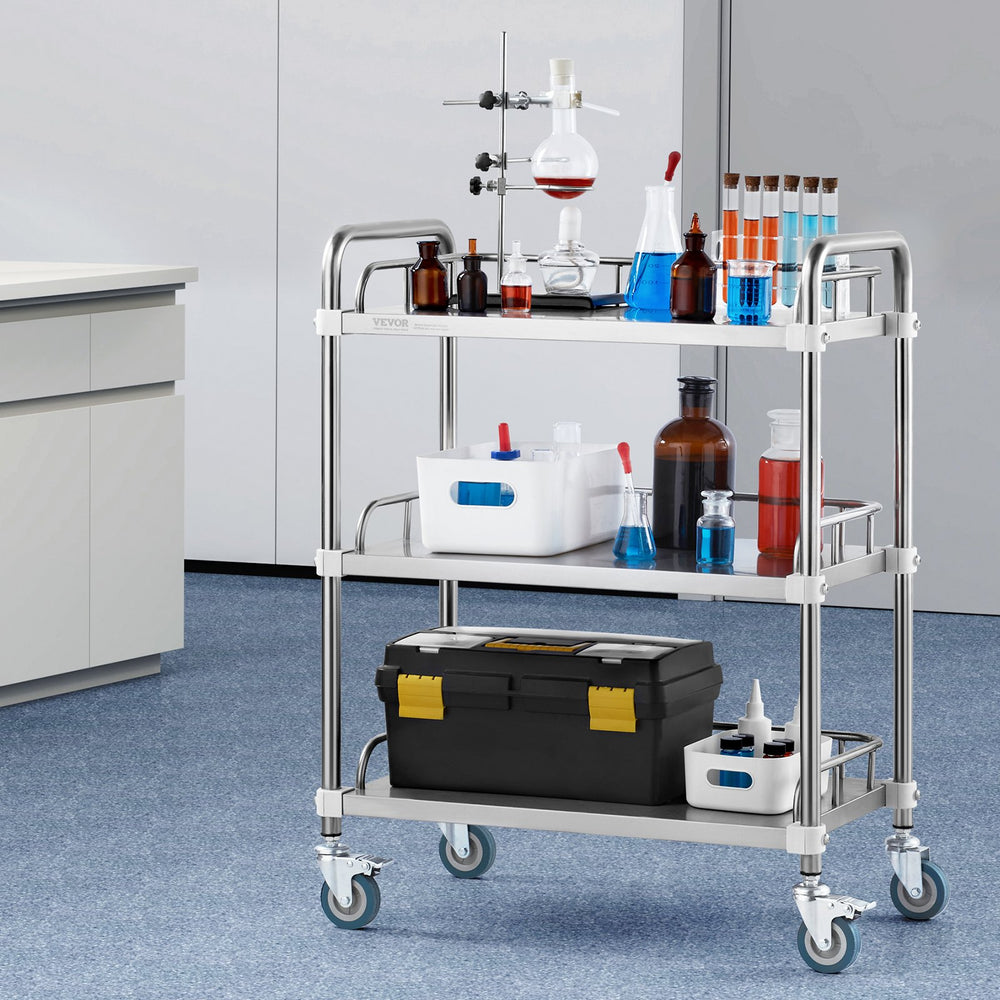VEVOR Lab Rolling Cart, 3-Shelf Stainless Steel Rolling Cart, Lab Serving Cart with Swivel Casters, Dental Utility Cart for Clinic, Lab, Hospital, Salon, 70 x 395 x 867 mm