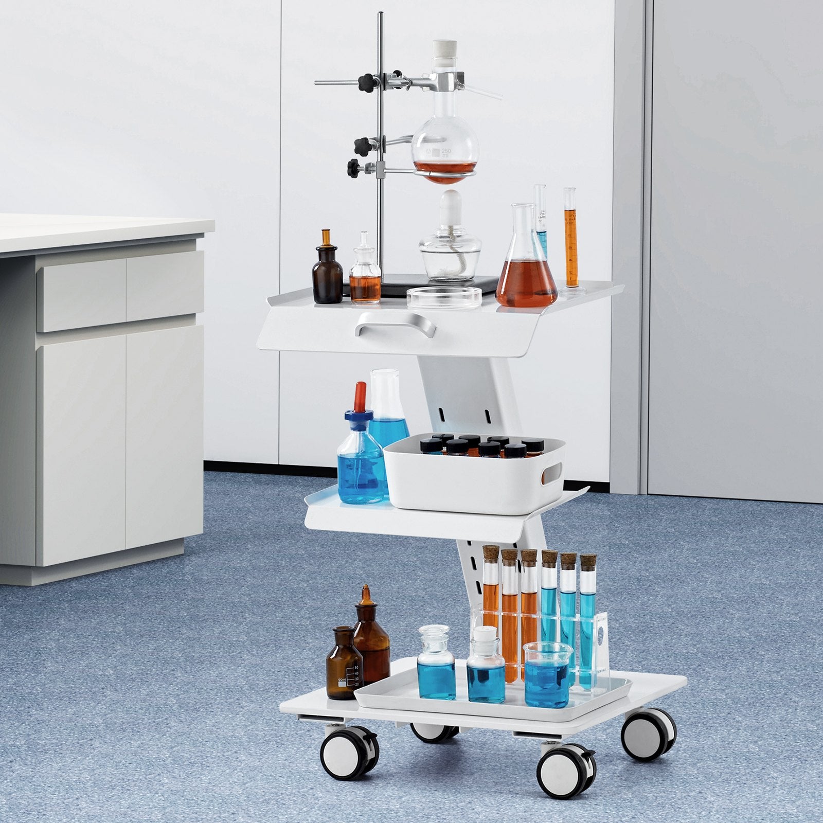 VEVOR Lab Trolley, 3-Layer Rolling Lab Cart, Metal Mobile Trolley with Swivel Wheels, Tray Rolling Clinic Cart 100 kg Weight Capacity, for Lab, Clinic, Beauty and Salon