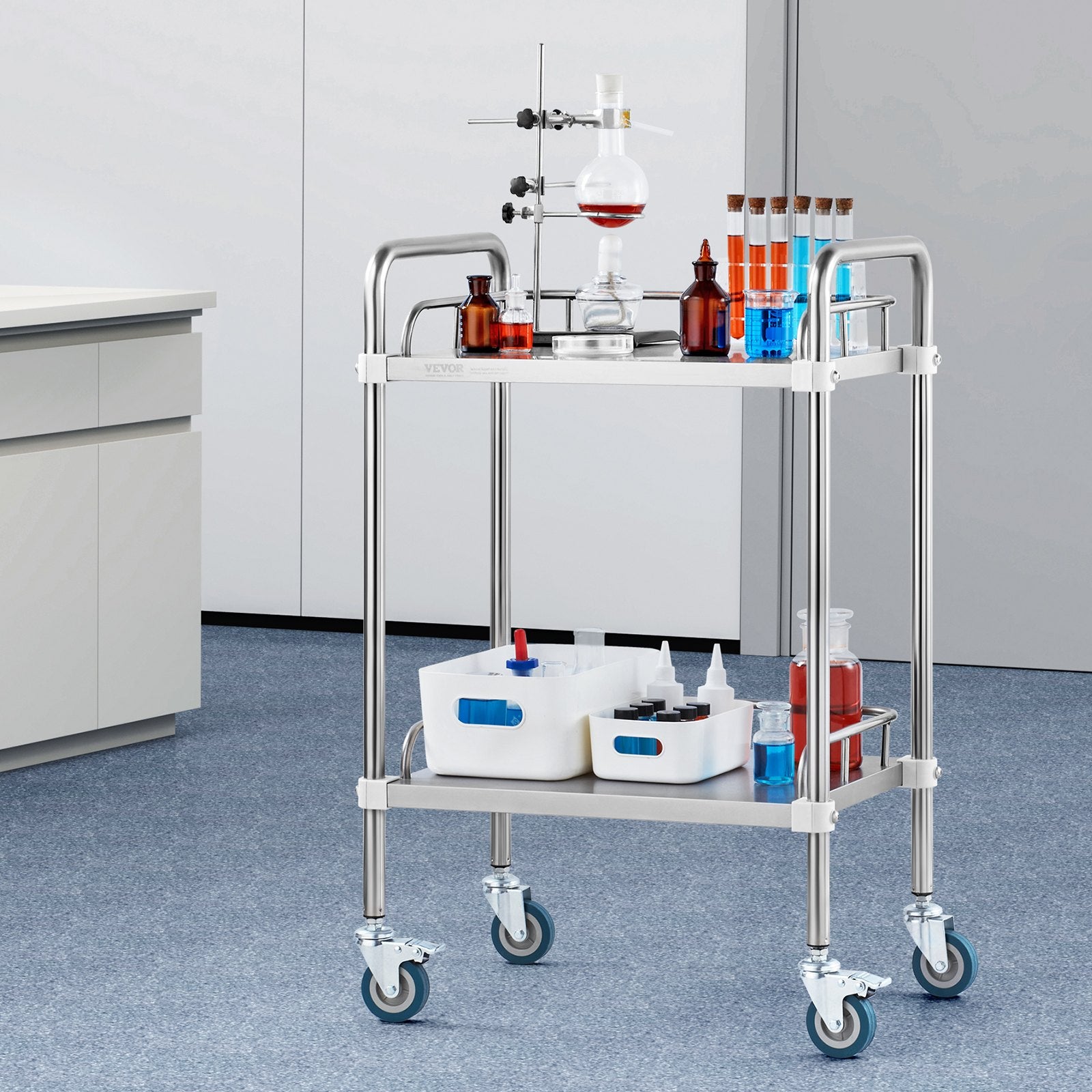 VEVOR Lab Rolling Cart, 2-Shelf Stainless Steel Rolling Cart, Lab Serving Cart with Swivel Casters, Dental Utility Cart for Clinic, Lab, Hospital, Salon, 385 x 548 x 865 mm