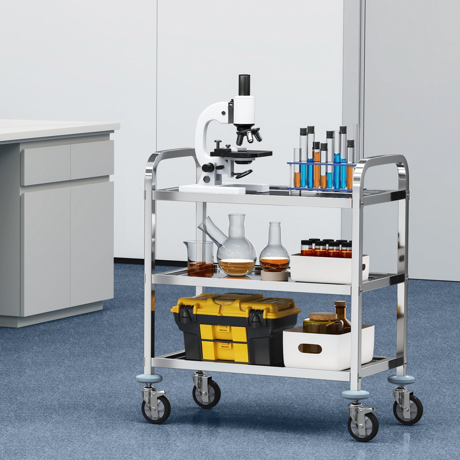 VEVOR Stainless Steel Cart, 3 Layers Lab Utility Cart 181.4kg Weight Capacity, Medical Cart with Lockable Universal Wheels, for Lab, Clinic, Kitchen, Salon