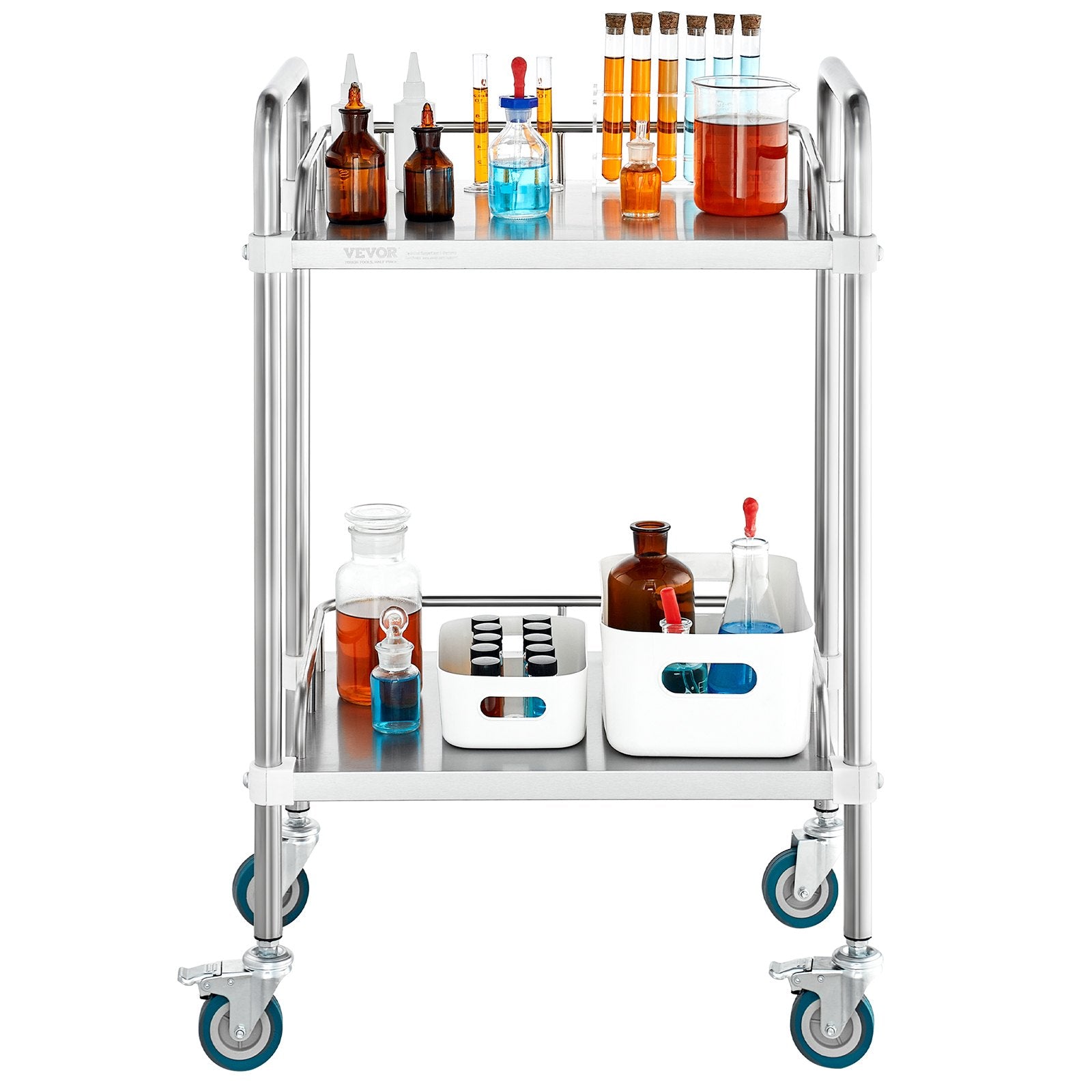 VEVOR Lab Rolling Cart, 2-Shelf Stainless Steel Rolling Cart, Lab Serving Cart with Swivel Casters, Dental Utility Cart for Clinic, Lab, Hospital, Salon, 385 x 548 x 865 mm