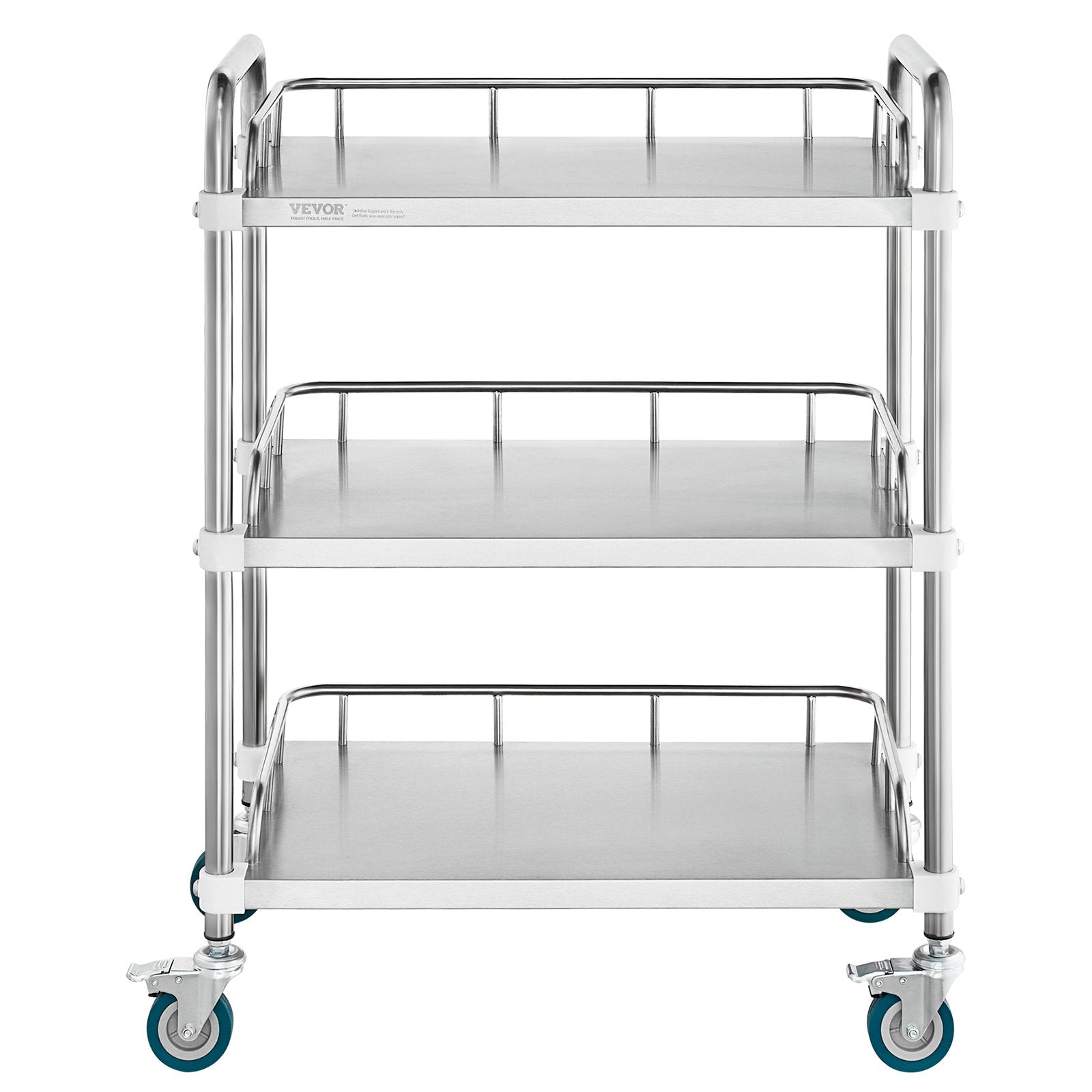 VEVOR Lab Rolling Cart, 3-Shelf Stainless Steel Rolling Cart, Lab Serving Cart with Swivel Casters, Dental Utility Cart for Clinic, Lab, Hospital, Salon, 70 x 395 x 867 mm