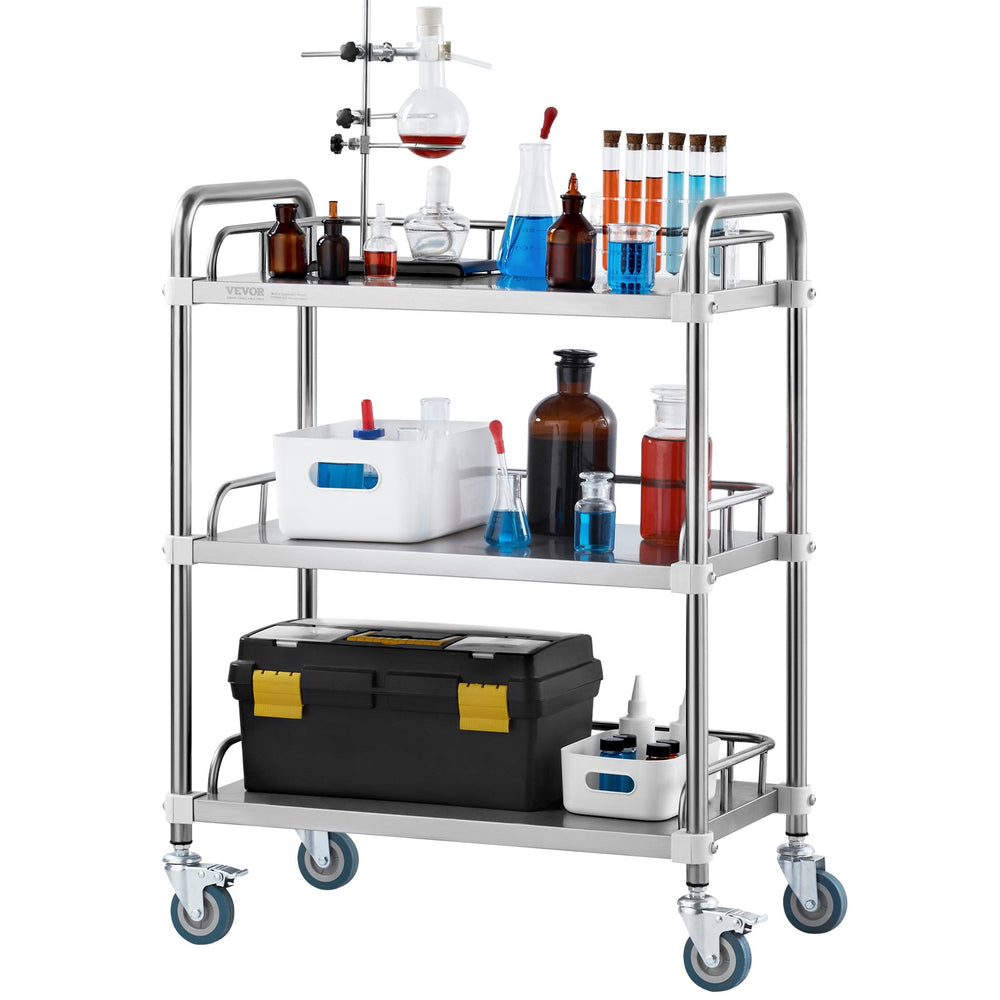 VEVOR Lab Rolling Cart, 3-Shelf Stainless Steel Rolling Cart, Lab Serving Cart with Swivel Casters, Dental Utility Cart for Clinic, Lab, Hospital, Salon, 70 x 395 x 867 mm