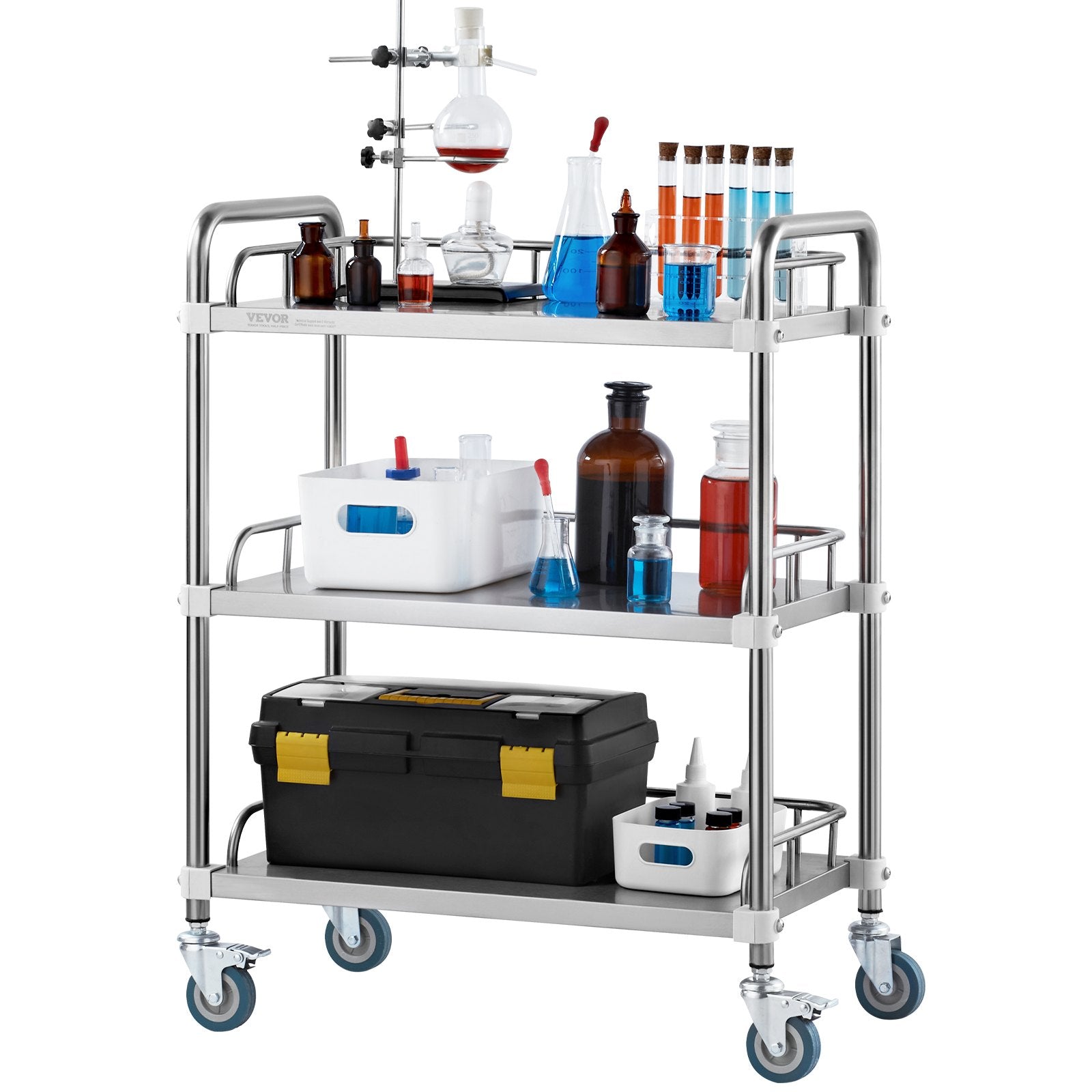VEVOR Lab Rolling Cart, 3-Shelf Stainless Steel Rolling Cart, Lab Serving Cart with Swivel Casters, Dental Utility Cart for Clinic, Lab, Hospital, Salon, 70 x 395 x 867 mm