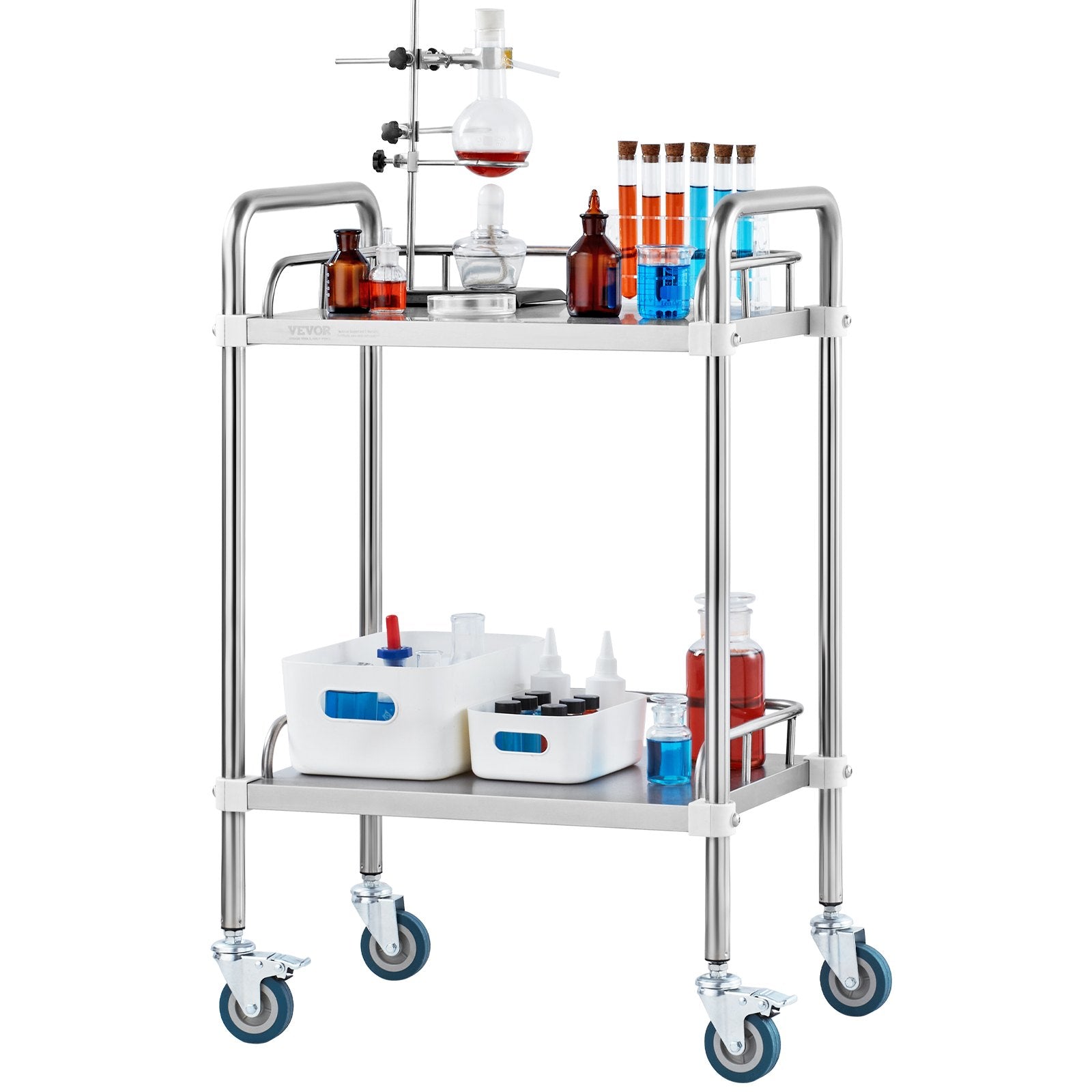 VEVOR Lab Rolling Cart, 2-Shelf Stainless Steel Rolling Cart, Lab Serving Cart with Swivel Casters, Dental Utility Cart for Clinic, Lab, Hospital, Salon, 385 x 548 x 865 mm