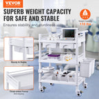 VEVOR 3 Tiers Lab Carts, Lab Utility Cart with 3 Trays & 4 Silent Wheels, Mobile Medical Cart with PP Material, Lab Rolling Cart with 3 Trash Cans for Lab, Clinic, Hospital, Salon, White