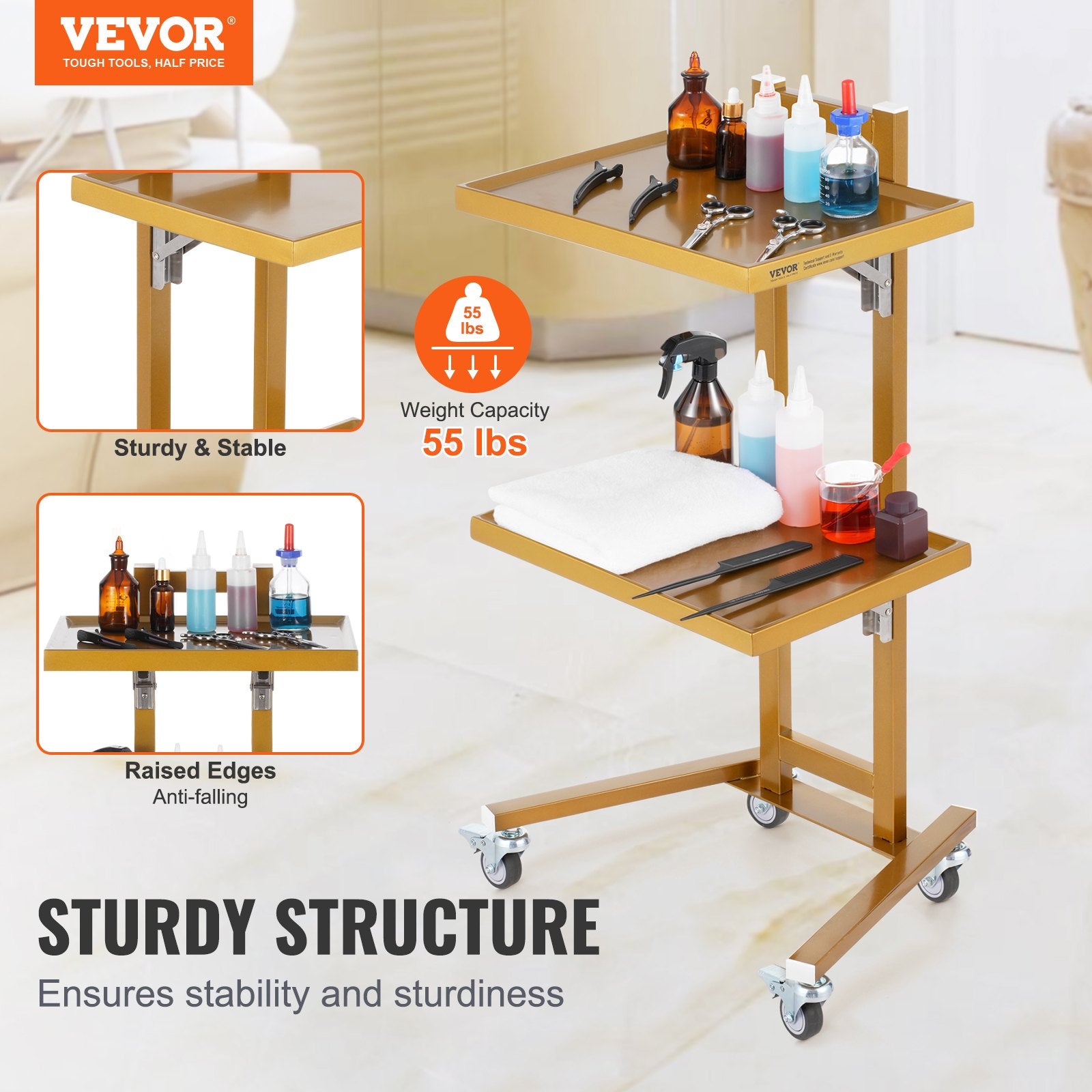 VEVOR 2 Tiers Stainless Steel Lab Carts, Lab Utility Cart with 2 Trays, Mobile Medical Cart with 4 Silent Wheels, Lab Rolling Cart for Lab, Clinic, Hospital, Salon, Golden