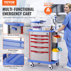 VEVOR 5 Tiers Lab Carts, Lab Utility Cart with 5 Drawers & 4 Silent Wheels, Mobile Medical Cart with PP Material, Lab Rolling Cart with 2 Trash Cans for Lab, Clinic, Hospital, Salon, Blue