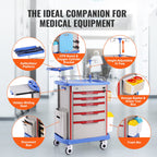 VEVOR 5 Tiers Lab Carts, Lab Utility Cart with 5 Drawers & 4 Silent Wheels, Mobile Medical Cart with PP Material, Lab Rolling Cart with 2 Trash Cans for Lab, Clinic, Hospital, Salon, Blue