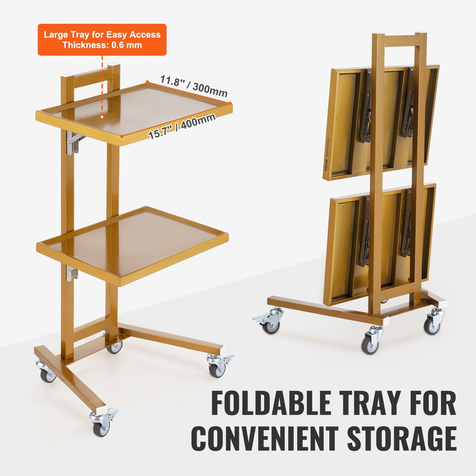 VEVOR 2 Tiers Stainless Steel Lab Carts, Lab Utility Cart with 2 Trays, Mobile Medical Cart with 4 Silent Wheels, Lab Rolling Cart for Lab, Clinic, Hospital, Salon, Golden