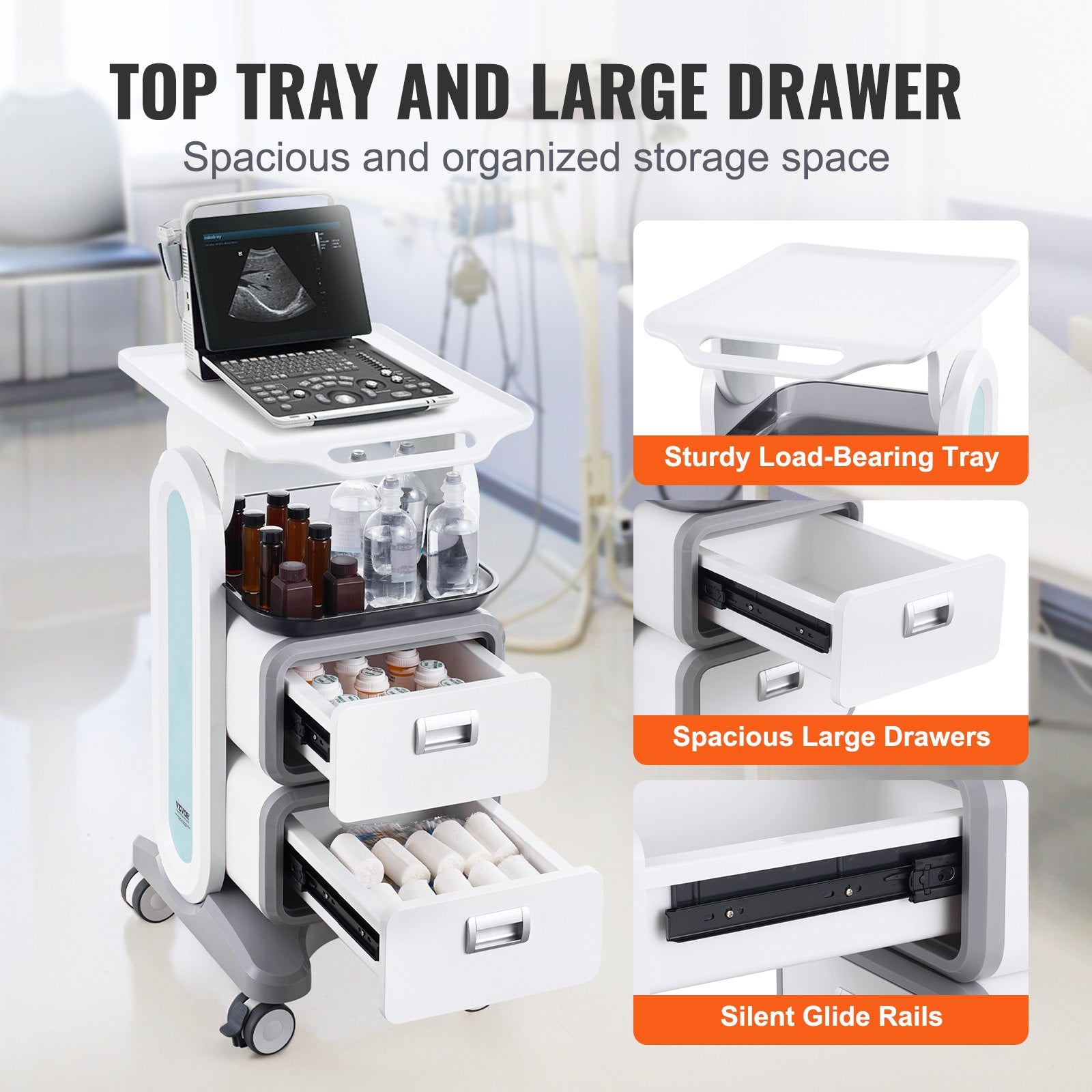 VEVOR 3 Tiers Lab Carts, Lab Utility Cart with 2 Drawers & 1 Top Tray, Mobile Medical Cart with ABS Material, Lab Rolling Cart with 4 Silent Wheels for Lab, Clinic, Hospital, Salon, White