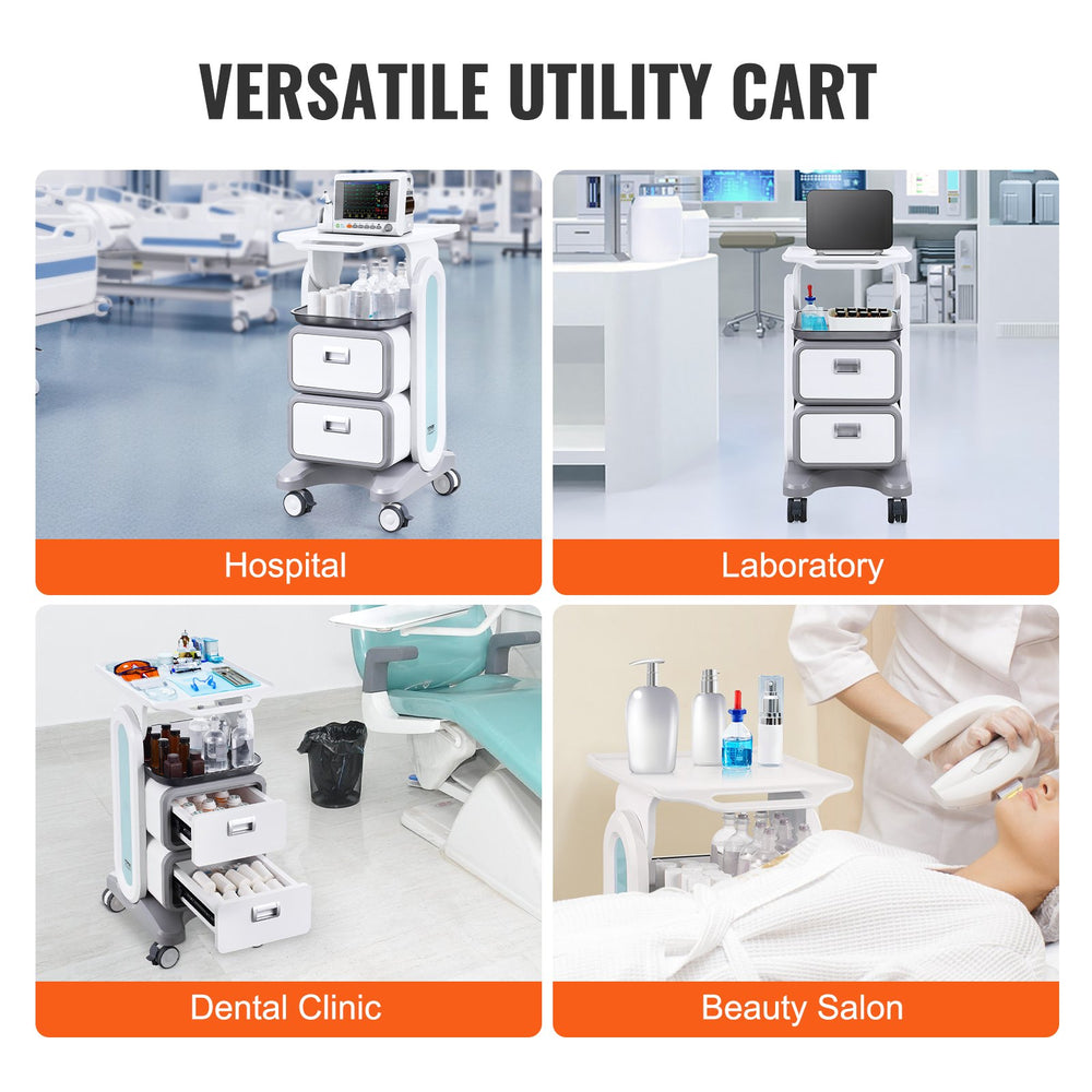 VEVOR 3 Tiers Lab Carts, Lab Utility Cart with 2 Drawers & 1 Top Tray, Mobile Medical Cart with ABS Material, Lab Rolling Cart with 4 Silent Wheels for Lab, Clinic, Hospital, Salon, White