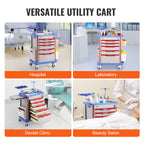 VEVOR 5 Tiers Lab Carts, Lab Utility Cart with 5 Drawers & 4 Silent Wheels, Mobile Medical Cart with PP Material, Lab Rolling Cart with 2 Trash Cans for Lab, Clinic, Hospital, Salon, Blue