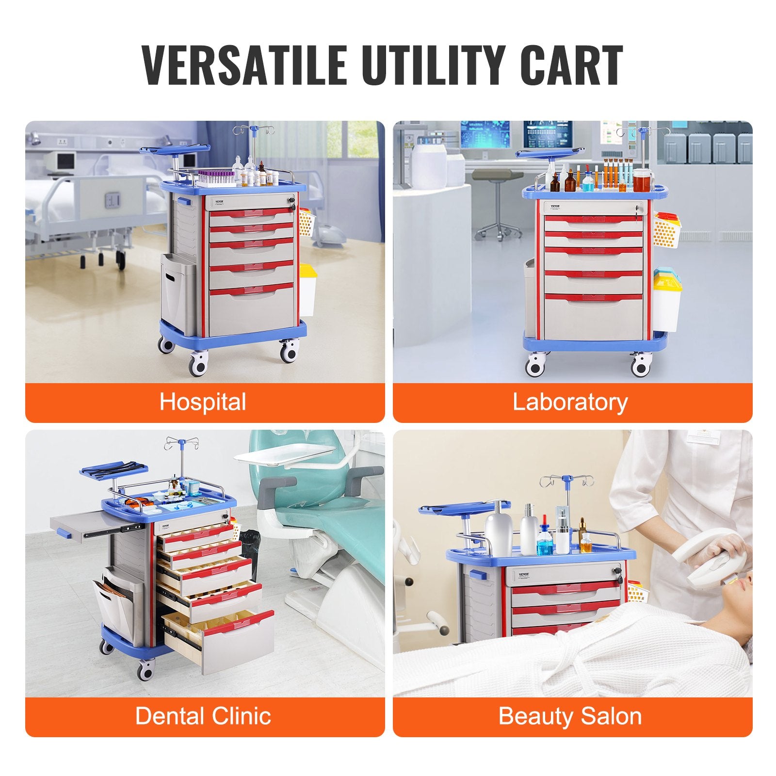 VEVOR 5 Tiers Lab Carts, Lab Utility Cart with 5 Drawers & 4 Silent Wheels, Mobile Medical Cart with PP Material, Lab Rolling Cart with 2 Trash Cans for Lab, Clinic, Hospital, Salon, Blue