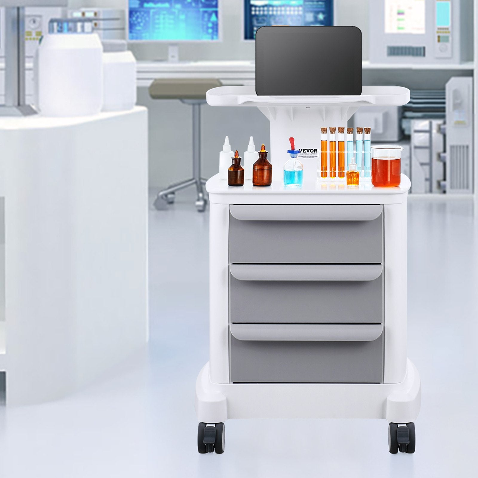 VEVOR 4 Tiers Lab Carts, Lab Utility Cart with 3 Drawers & 1 Top Tray, Mobile Medical Cart with ABS Material, Lab Rolling Cart with 4 Silent Wheels for Lab, Clinic, Hospital, Salon, White