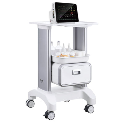 VEVOR 2 Tiers Lab Carts, Lab Utility Cart with 1 Drawer & 1 Top Tray, Mobile Medical Cart with ABS Material, Lab Rolling Cart with 4 Silent Wheels for Lab, Clinic, Hospital, Salon, White