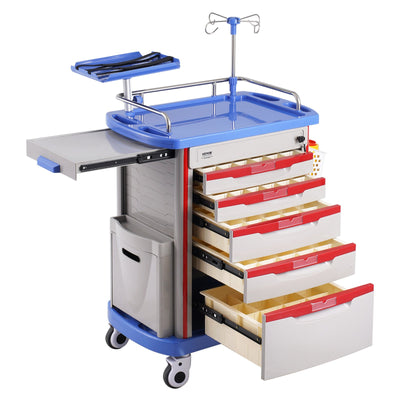 VEVOR 5 Tiers Lab Carts, Lab Utility Cart with 5 Drawers & 4 Silent Wheels, Mobile Medical Cart with PP Material, Lab Rolling Cart with 2 Trash Cans for Lab, Clinic, Hospital, Salon, Blue