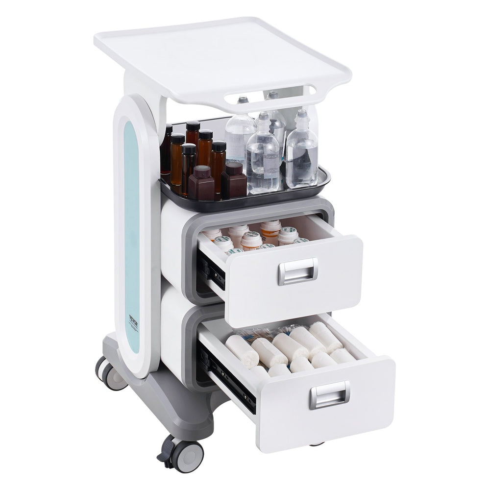 VEVOR 3 Tiers Lab Carts, Lab Utility Cart with 2 Drawers & 1 Top Tray, Mobile Medical Cart with ABS Material, Lab Rolling Cart with 4 Silent Wheels for Lab, Clinic, Hospital, Salon, White