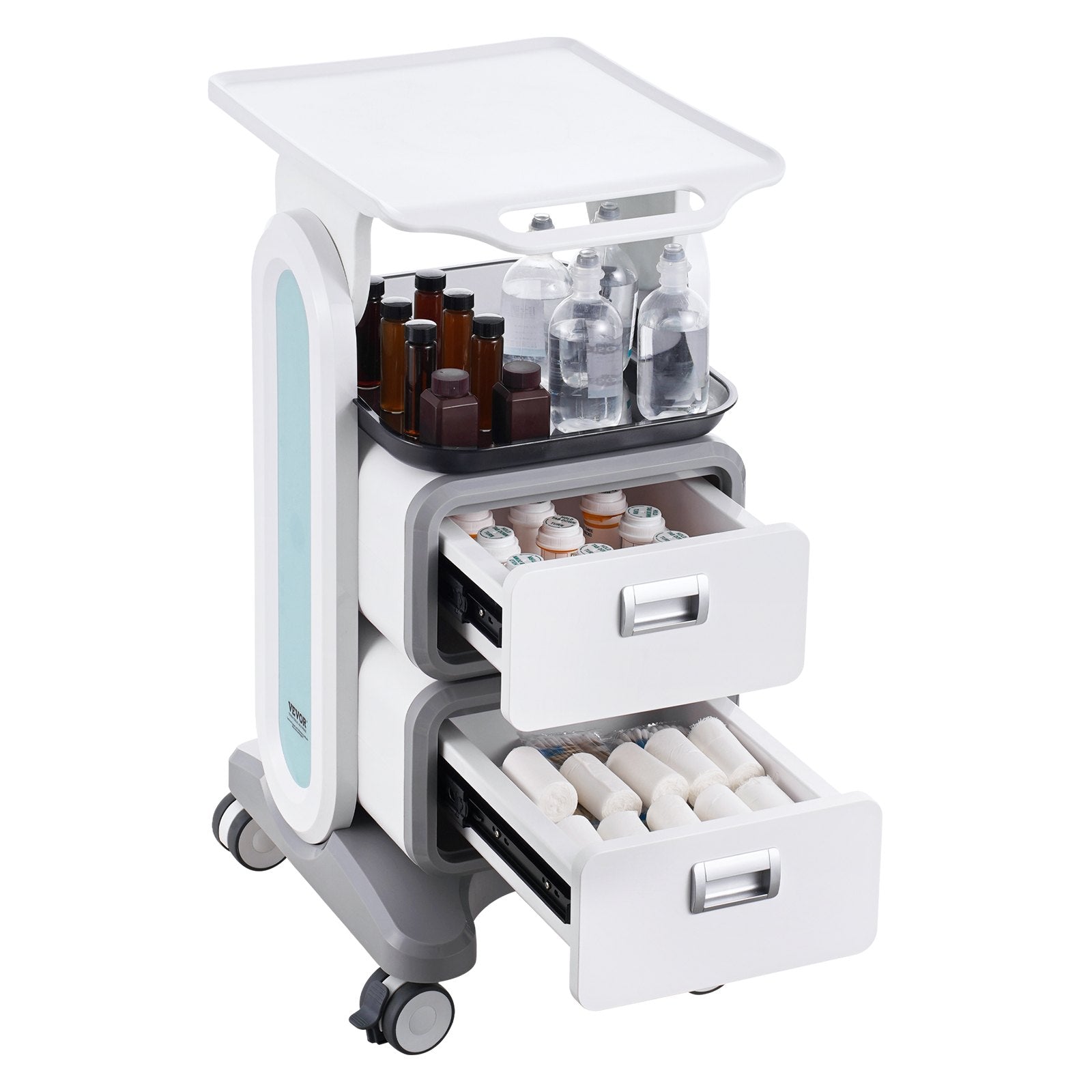 VEVOR 3 Tiers Lab Carts, Lab Utility Cart with 2 Drawers & 1 Top Tray, Mobile Medical Cart with ABS Material, Lab Rolling Cart with 4 Silent Wheels for Lab, Clinic, Hospital, Salon, White