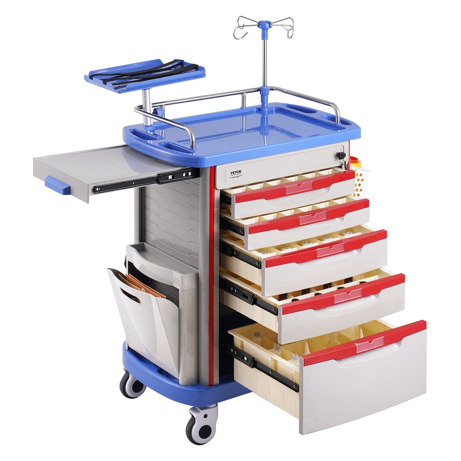 VEVOR 5 Tiers Lab Carts, Lab Utility Cart with 5 Drawers & 4 Silent Wheels, Mobile Medical Cart with PP Material, Lab Rolling Cart with 2 Trash Cans for Lab, Clinic, Hospital, Salon, Blue