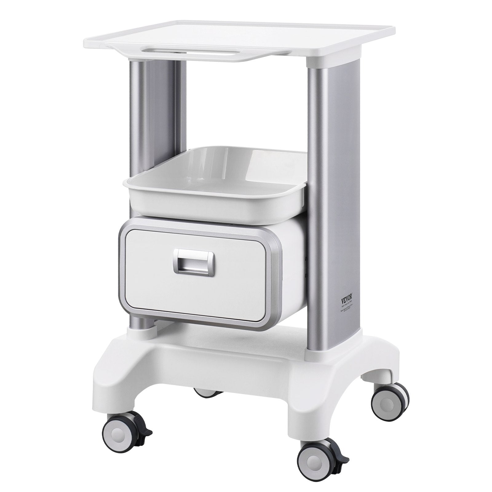 VEVOR 2 Tiers Lab Carts, Lab Utility Cart with 1 Drawer & 1 Top Tray, Mobile Medical Cart with ABS Material, Lab Rolling Cart with 4 Silent Wheels for Lab, Clinic, Hospital, Salon, White