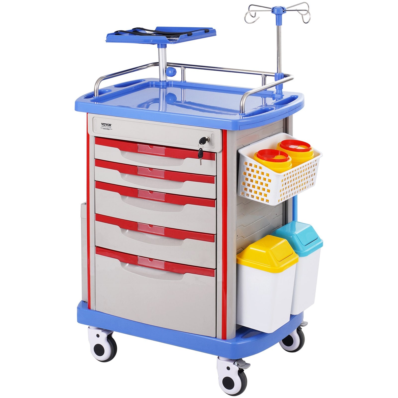 VEVOR 5 Tiers Lab Carts, Lab Utility Cart with 5 Drawers & 4 Silent Wheels, Mobile Medical Cart with PP Material, Lab Rolling Cart with 2 Trash Cans for Lab, Clinic, Hospital, Salon, Blue