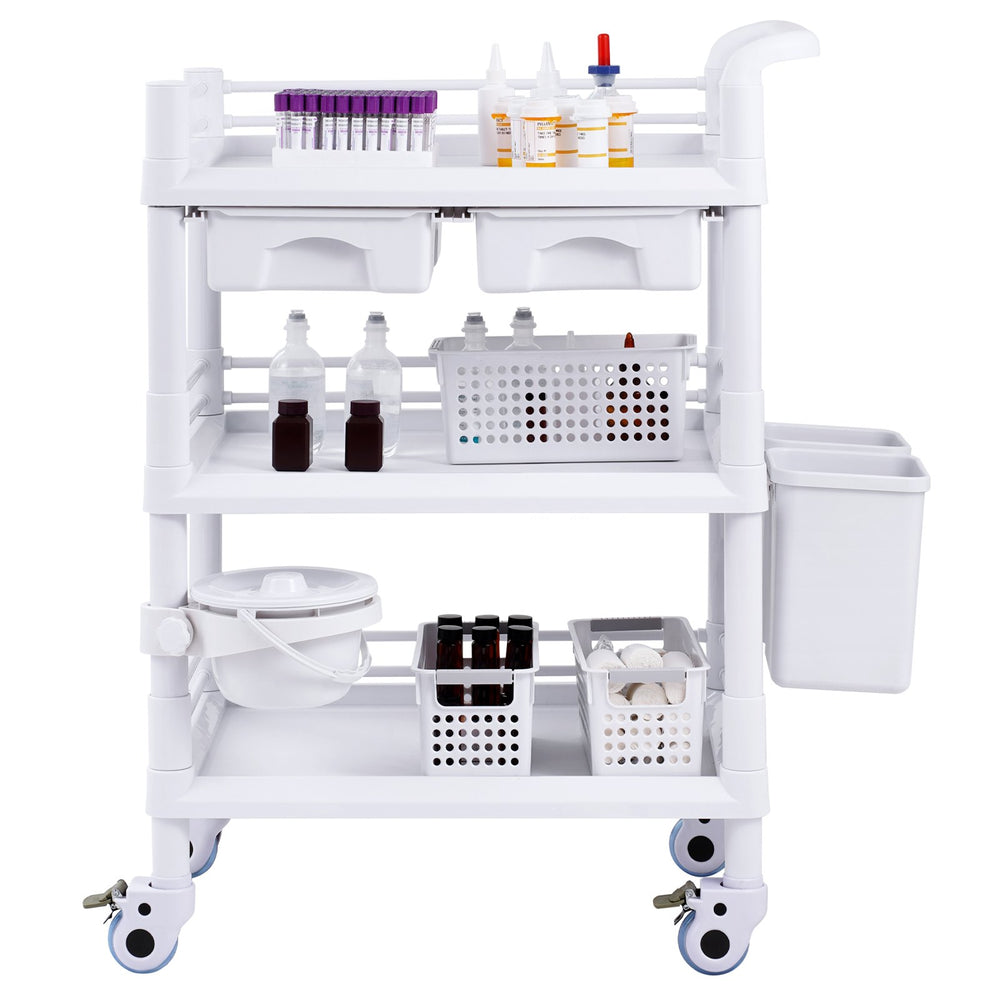 VEVOR 3 Tiers Lab Carts, Lab Utility Cart with 3 Trays & 4 Silent Wheels, Mobile Medical Cart with PP Material, Lab Rolling Cart with 3 Trash Cans for Lab, Clinic, Hospital, Salon, White