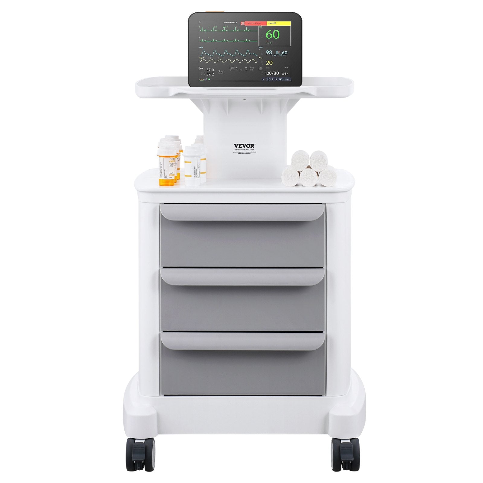 VEVOR 4 Tiers Lab Carts, Lab Utility Cart with 3 Drawers & 1 Top Tray, Mobile Medical Cart with ABS Material, Lab Rolling Cart with 4 Silent Wheels for Lab, Clinic, Hospital, Salon, White