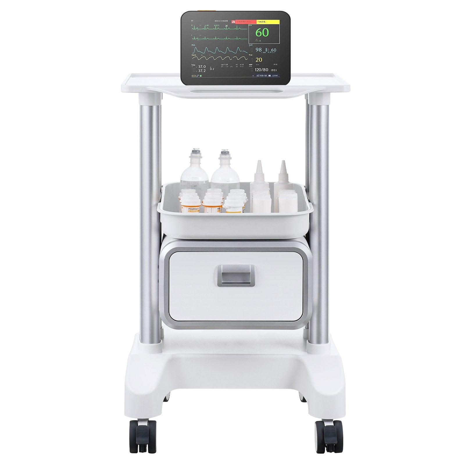 VEVOR 2 Tiers Lab Carts, Lab Utility Cart with 1 Drawer & 1 Top Tray, Mobile Medical Cart with ABS Material, Lab Rolling Cart with 4 Silent Wheels for Lab, Clinic, Hospital, Salon, White