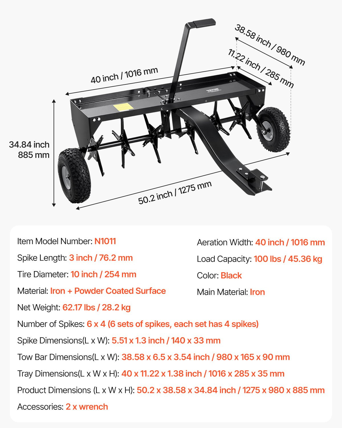 VEVOR Tow Behind Plug Aerator, 40-Inch Tow Behind Lawn Plug Aerator with Universal Hitch, Pull Behind Aerator with Iron Spikes Alternately Arranged, Lawn Aerator Tow Behind for Gardens, Lawns, Farms