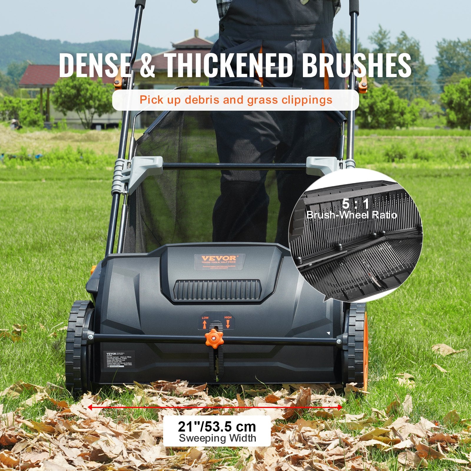 VEVOR Push Lawn Sweeper, 21inch Leaf & Grass Collector, Strong Plastic Wheels & Heavy Duty Thickened Steel Durable to Use with Large Capacity 3.5 cu. ft. Mesh Collection Hopper Bag, 2 Spinning Brushes