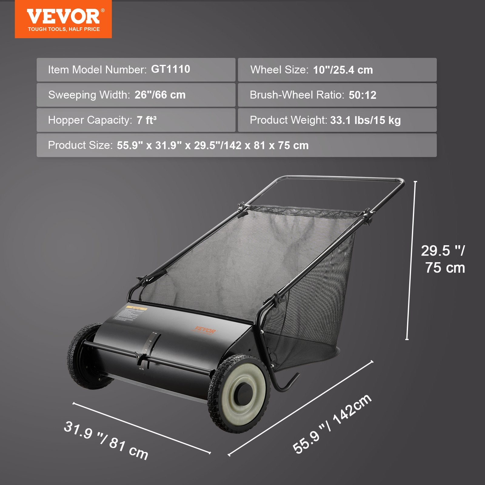 VEVOR Push Lawn Sweeper, 26-inch Leaf & Grass Collector, Strong Rubber Wheels & Heavy Duty Thickened Steel, Durable to Use with Large Capacity 7 cu. ft. Mesh Collection Hopper Bag, 4 Spinning Brushes