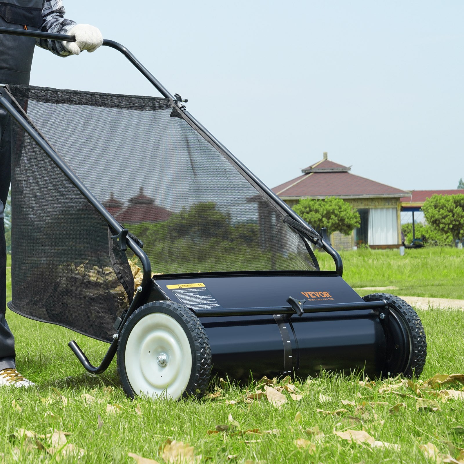 VEVOR Push Lawn Sweeper, 26-inch Leaf & Grass Collector, Strong Rubber Wheels & Heavy Duty Thickened Steel, Durable to Use with Large Capacity 7 cu. ft. Mesh Collection Hopper Bag, 4 Spinning Brushes