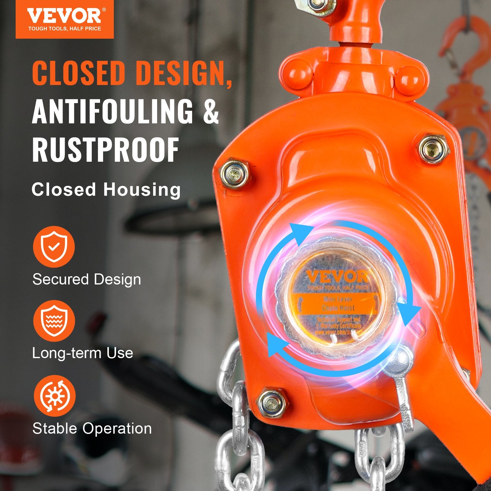 VEVOR Manual Lever Chain Hoist, 1/2 Ton 499.5 kg Capacity 1.5m Come Along, G80 Galvanized Carbon Steel with Weston Double-Pawl Brake, Auto Chain Leading & 360° Rotation Hook, for Garage Factory Dock