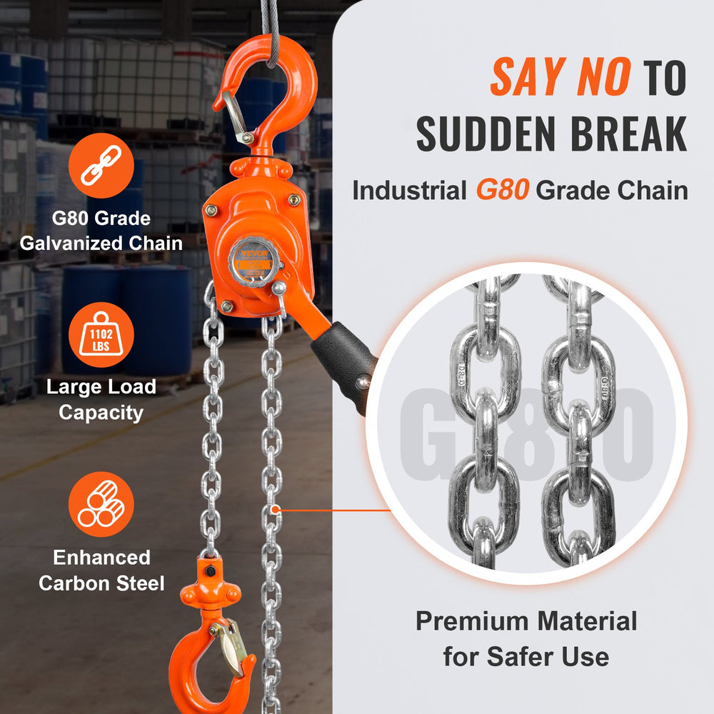 VEVOR Manual Lever Chain Hoist, 1/2 Ton 499.5 kg Capacity 3.05m Come Along, G80 Galvanized Carbon Steel with Weston Double-Pawl Brake, Auto Chain Leading & 360° Rotation Hook, for Garage Factory Dock