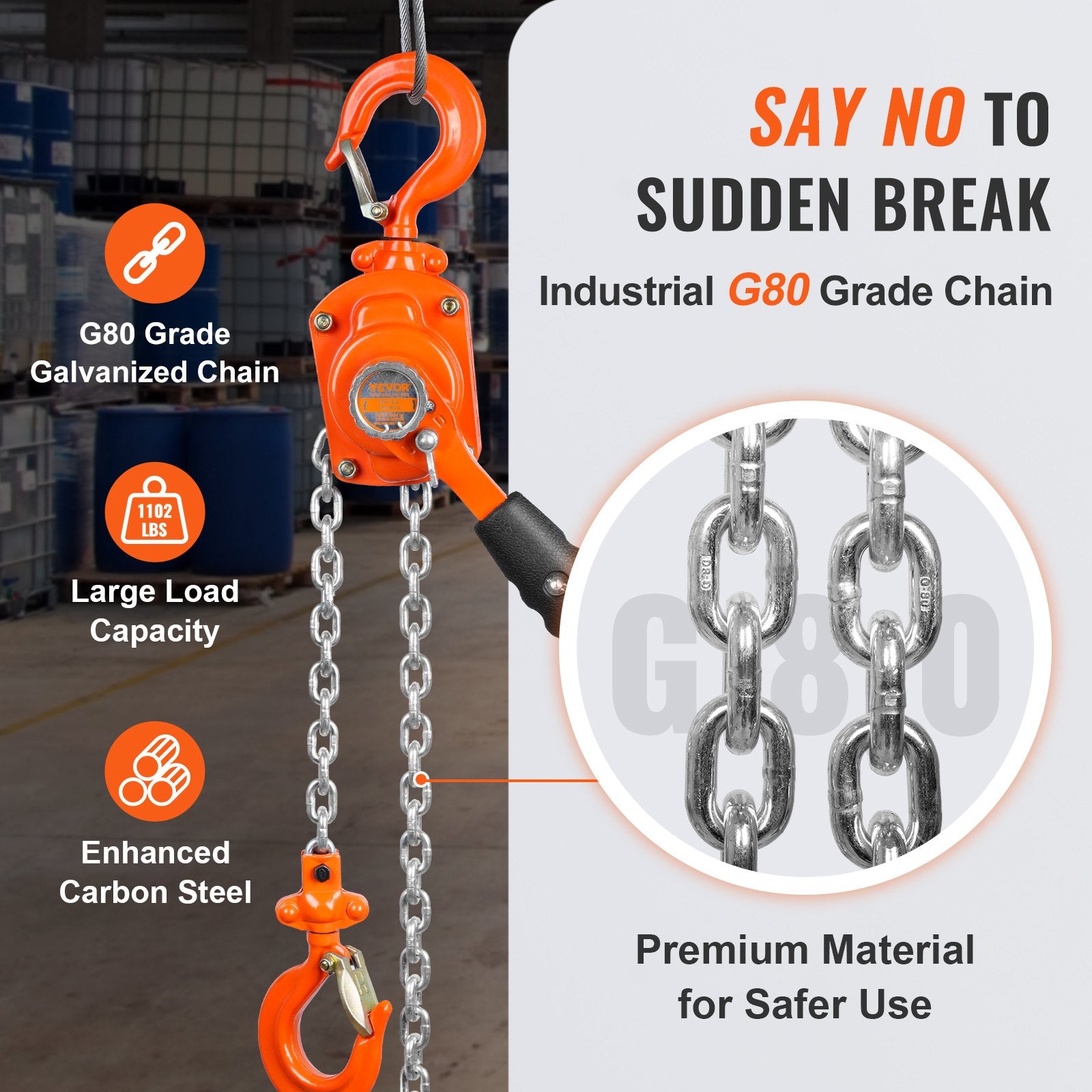 VEVOR Manual Lever Chain Hoist, 1/2 Ton 499.5 kg Capacity 3.05m Come Along, G80 Galvanized Carbon Steel with Weston Double-Pawl Brake, Auto Chain Leading & 360° Rotation Hook, for Garage Factory Dock