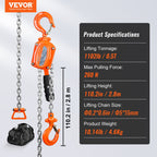 VEVOR Manual Lever Chain Hoist, 1/2 Ton 499.5 kg Capacity 3.05m Come Along, G80 Galvanized Carbon Steel with Weston Double-Pawl Brake, Auto Chain Leading & 360° Rotation Hook, for Garage Factory Dock