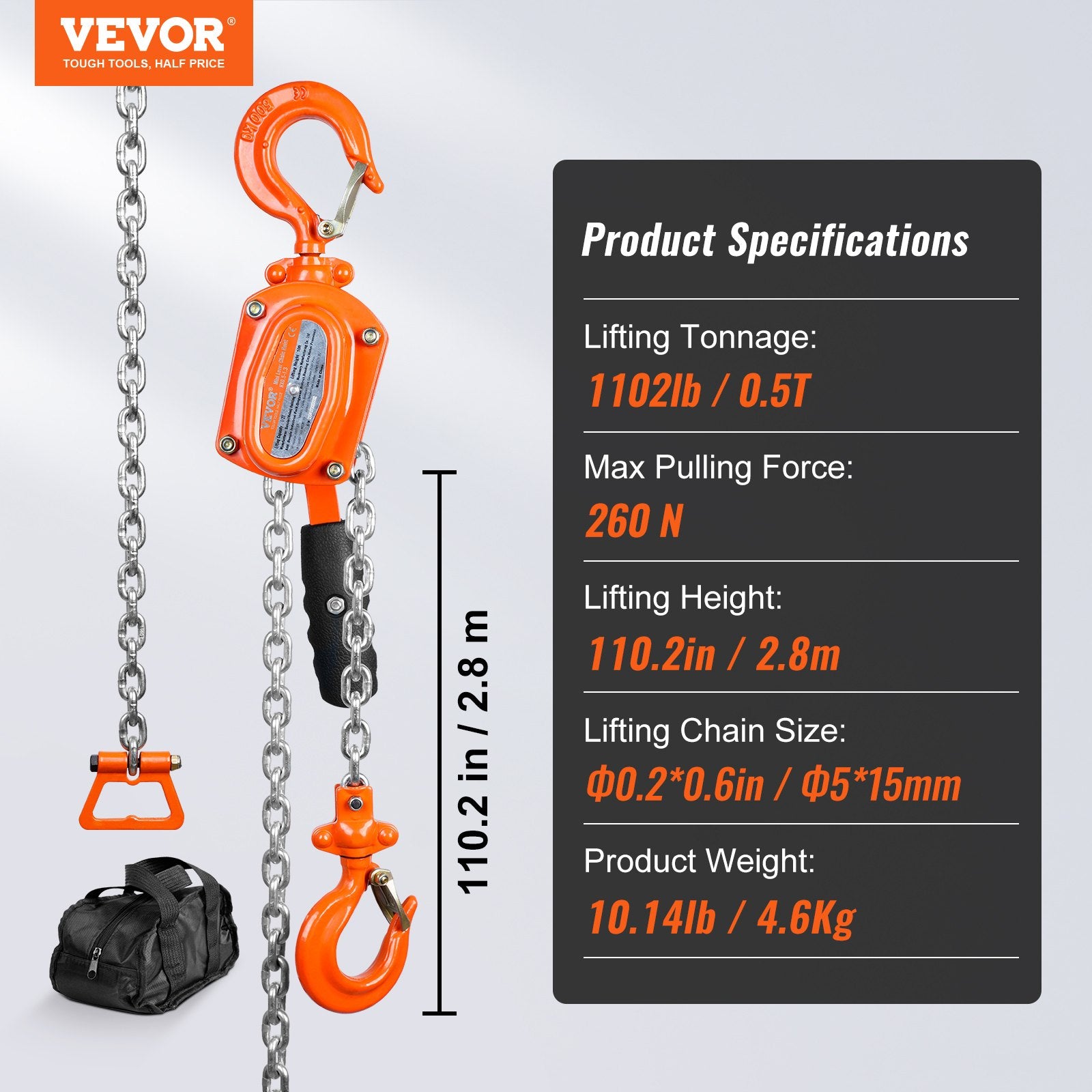 VEVOR Manual Lever Chain Hoist, 1/2 Ton 499.5 kg Capacity 3.05m Come Along, G80 Galvanized Carbon Steel with Weston Double-Pawl Brake, Auto Chain Leading & 360° Rotation Hook, for Garage Factory Dock