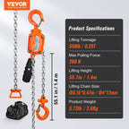 VEVOR Manual Lever Chain Hoist, 1/4 Ton 550 lbs Capacity 1.5m Come Along, G80 Galvanized Carbon Steel with Weston Double-Pawl Brake, Auto Chain Leading & 360° Rotation Hook, for Garage Factory Dock