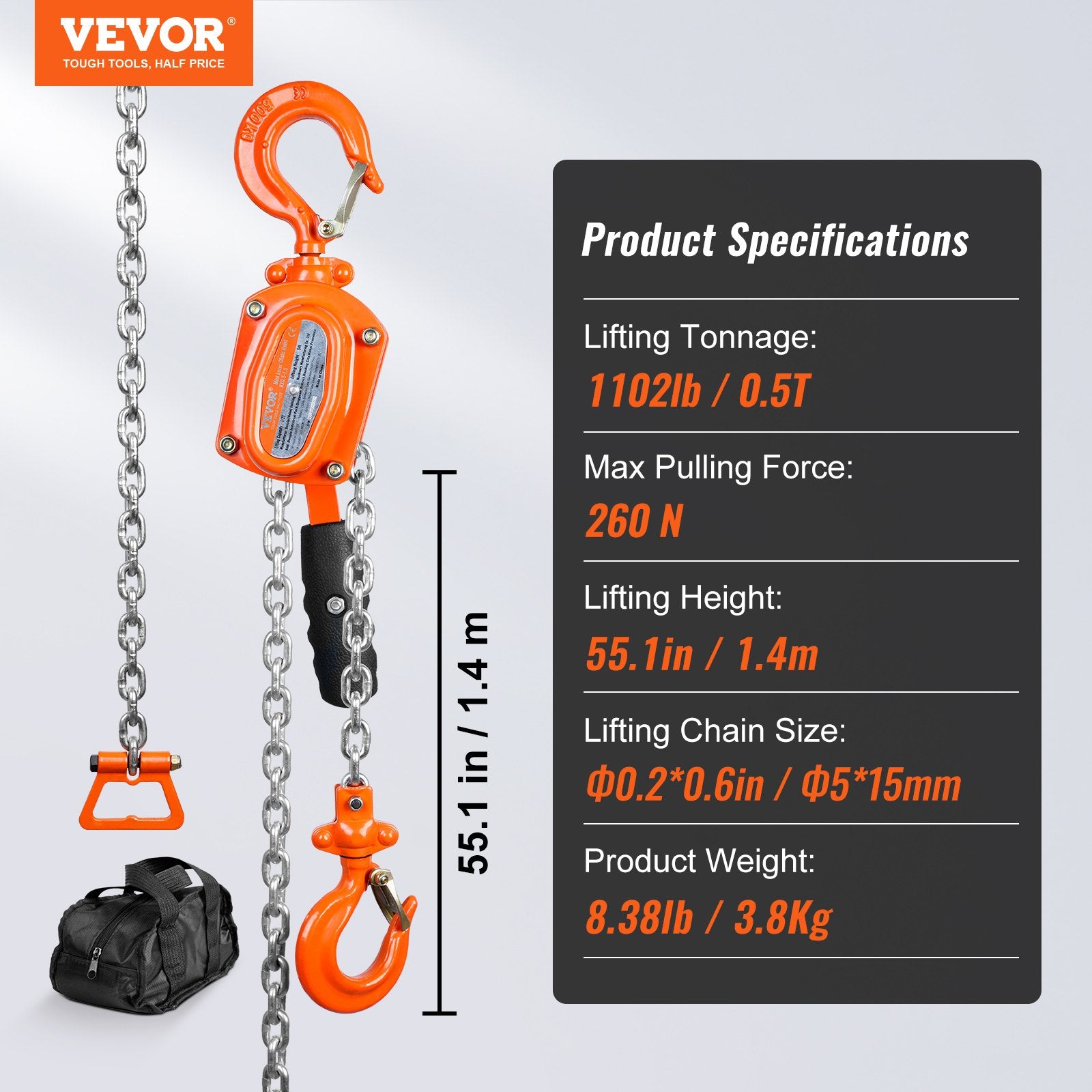VEVOR Manual Lever Chain Hoist, 1/2 Ton 499.5 kg Capacity 1.5m Come Along, G80 Galvanized Carbon Steel with Weston Double-Pawl Brake, Auto Chain Leading & 360° Rotation Hook, for Garage Factory Dock