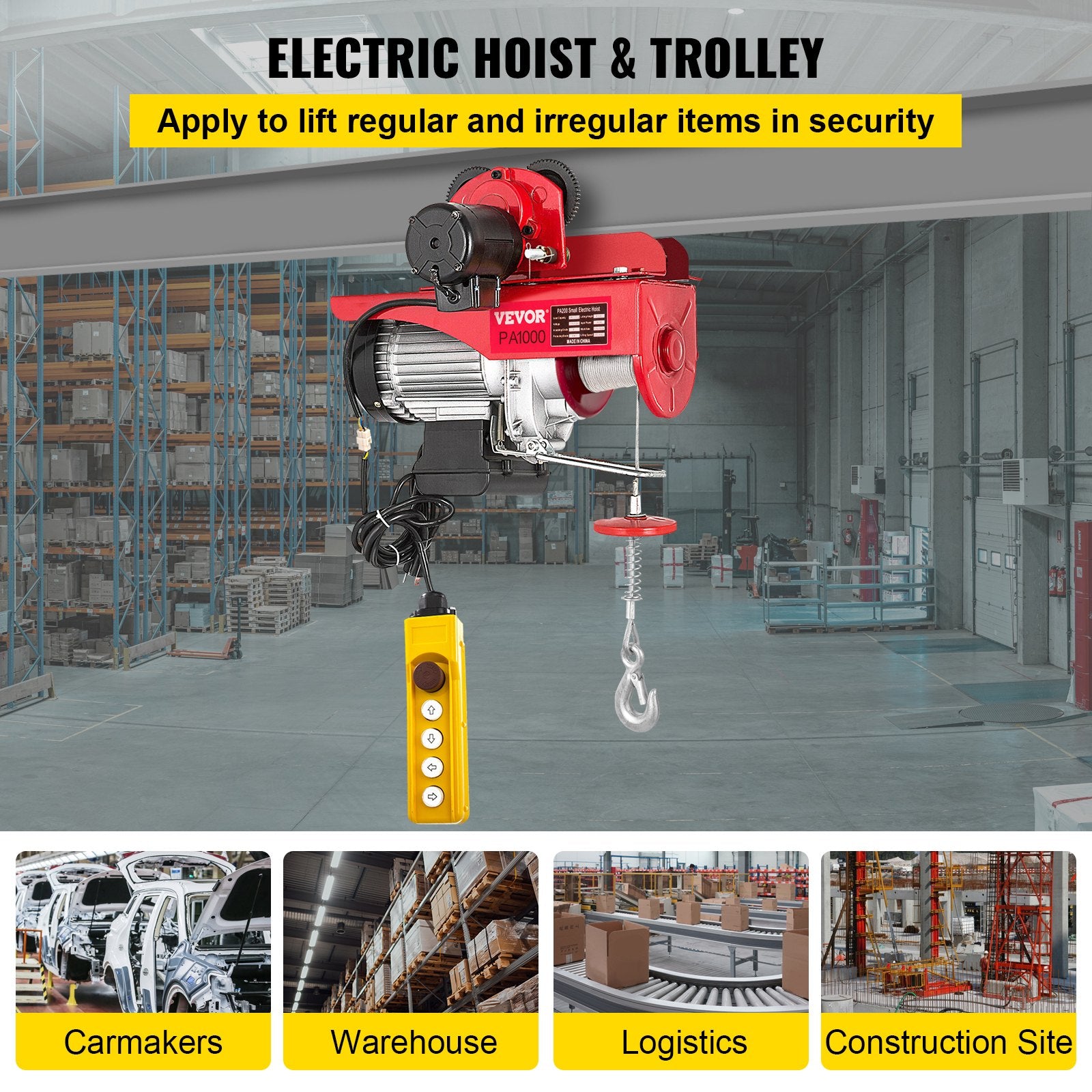 VEVOR Electric Wire Rope Hoist with Trolley, Electric Wire Rope Hoist with Trolley Remote Control Industry 1000KG/2200LBS Capacity