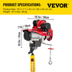VEVOR Electric Wire Rope Hoist with Trolley, Electric Wire Rope Hoist with Trolley Remote Control Industry 1000KG/2200LBS Capacity