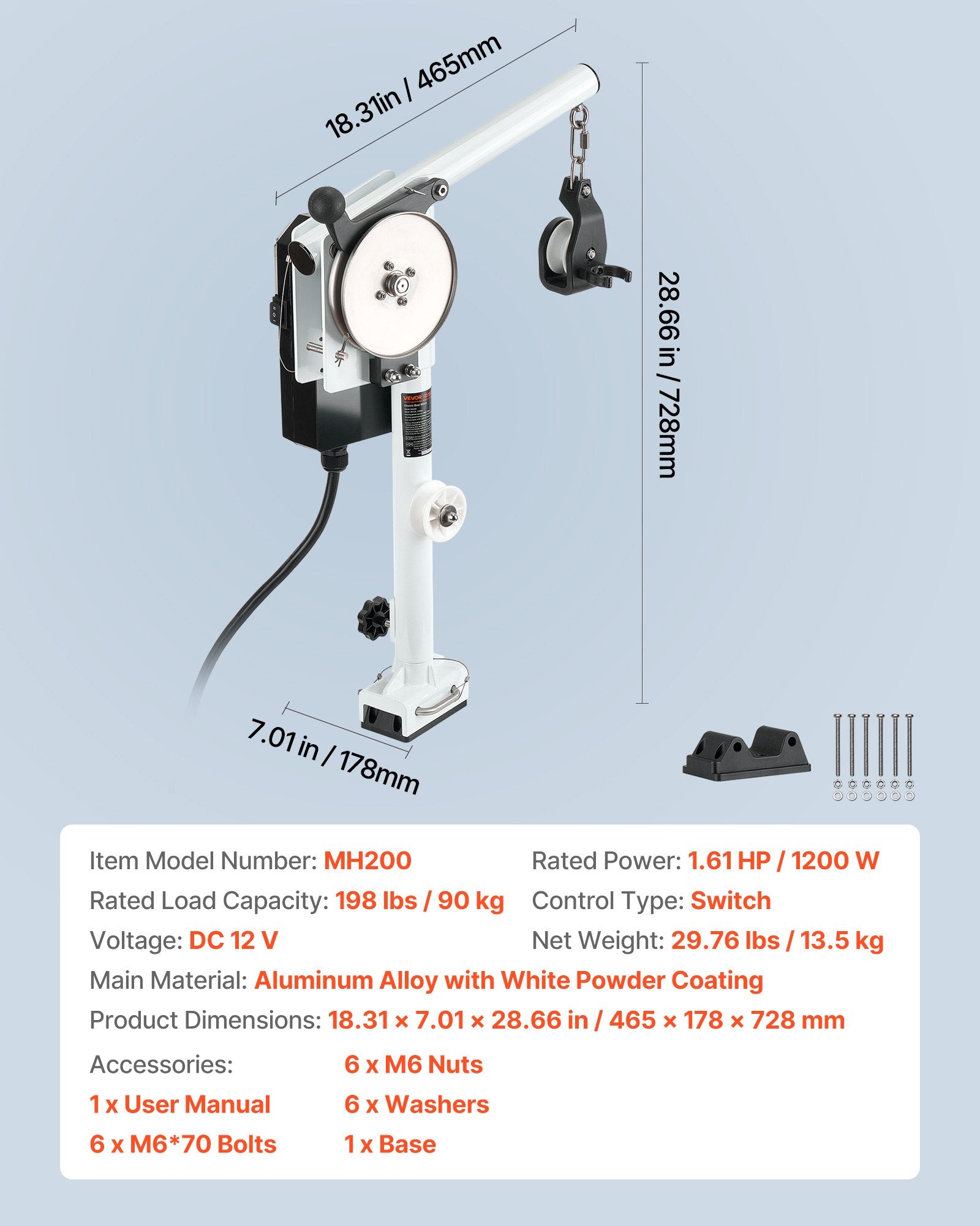 VEVOR Line Hauler Pot Puller, 12V DC 1200W, Line Hauler Winch Holds 90 kg Lift Capacity, Line Speed of 35 m/min, 360° Rotation & Corrosion-Resistant, Crab Pot Puller for Crab, Shrimp, Lobster Traps