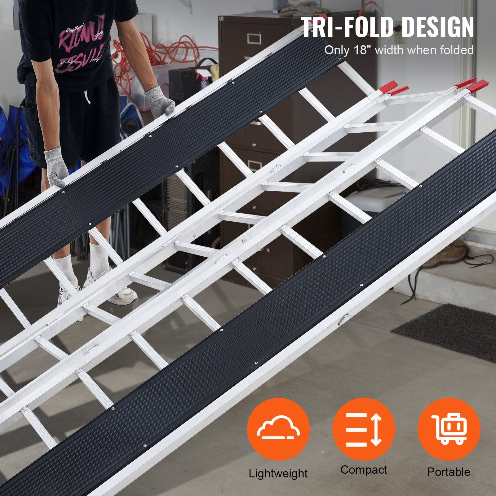 VEVOR Tri-Fold Loading Ramp, 2160 x 1375 mm, Non-Slip Aluminum Trailer Ramp with Compact Design, Easy Storage, 680.4 kg Load Capacity, for Snowmobiles, ATVs, Tractors, Lawn Mowers, Carts, Motorcycles