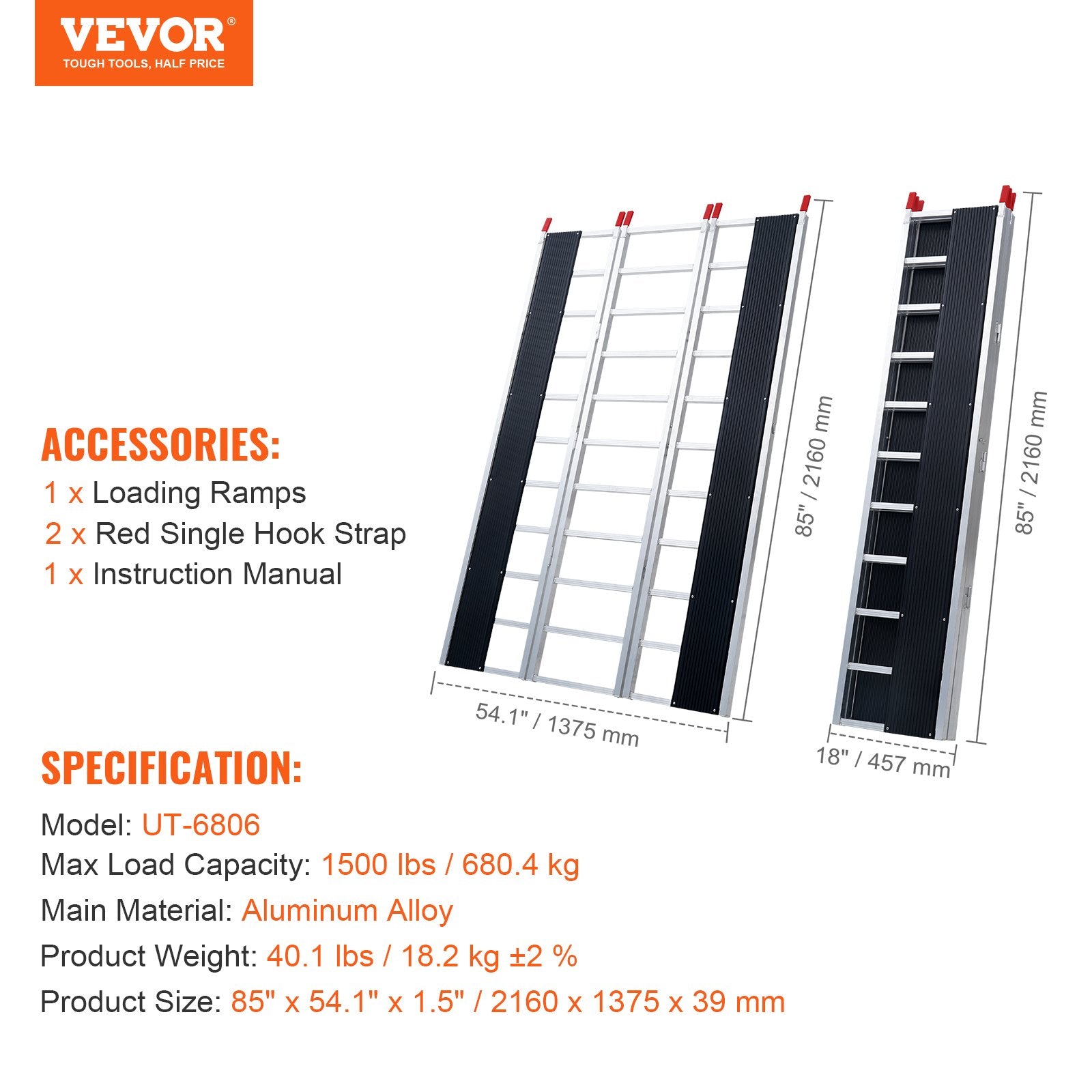 VEVOR Tri-Fold Loading Ramp, 2160 x 1375 mm, Non-Slip Aluminum Trailer Ramp with Compact Design, Easy Storage, 680.4 kg Load Capacity, for Snowmobiles, ATVs, Tractors, Lawn Mowers, Carts, Motorcycles
