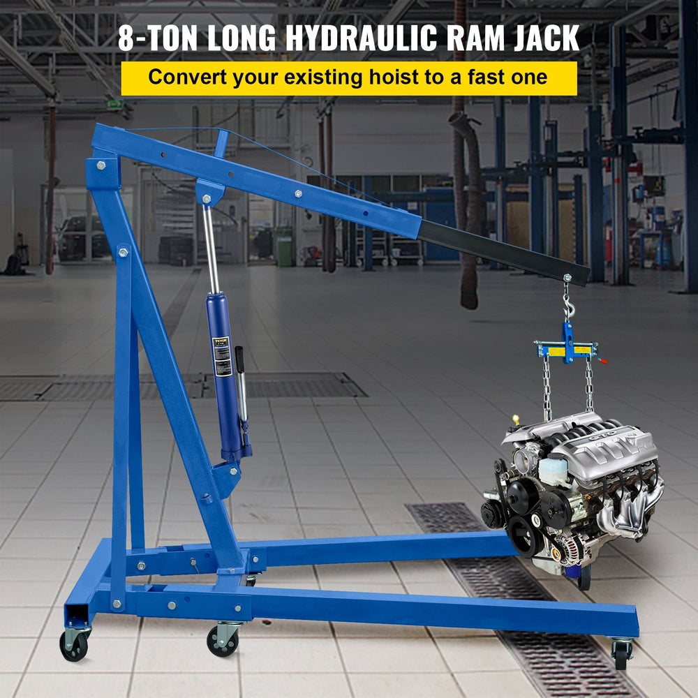 VEVOR Hydraulic Long Ram Jack, 8 Tons/17363 lbs Capacity, with Single Piston Pump and Clevis Base, Manual Cherry Picker with Handle, for Garage/Shop Cranes, Engine Lift Hoist, Blue