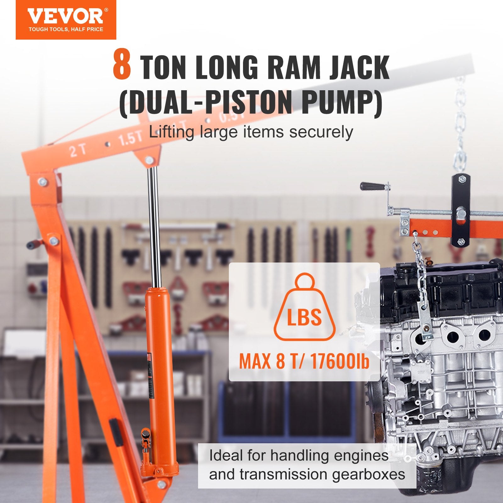 VEVOR Hydraulic Long Ram Jack, 8 Ton Engine Hoist Cylinder with Double Piston Pump And Clevis Base, Hydraulic Ram Cylinder for Engine Lift Hoists, Hydraulic Garage/Shop Cranes, Mechanical, Farm